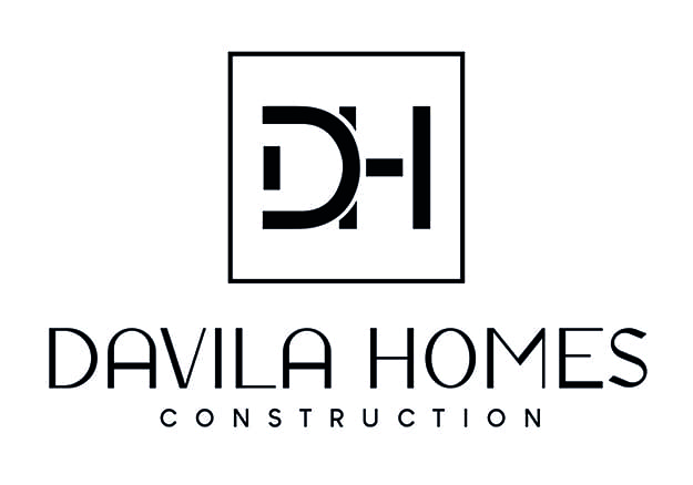 A black and white logo featuring a square with the stylized letters "DH" inside. Below the square, the text reads "DAVILA HOMES" in bold font, followed by "CONSTRUCTION" in smaller, spaced-out letters.