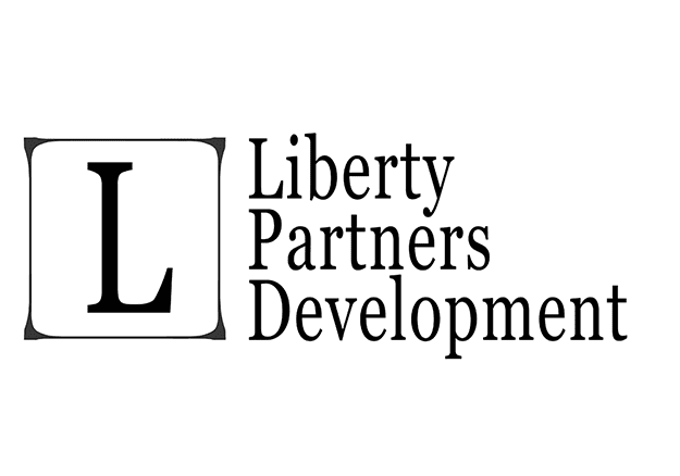 Logo for Liberty Partners Development. The design features a large letter "L" enclosed in a square to the left of the words "Liberty Partners Development," which are stacked vertically and aligned to the left. The text is in a serif font, and the design is in black and white.