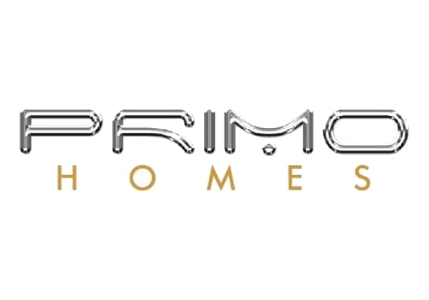 PRIMO HOMES" logo. The word "PRIMO" is styled in sleek, metallic silver letters, while "HOMES" is written below in a golden color. The background is white.