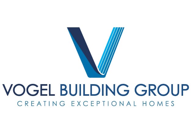 The logo features a stylized, ribbon-like "V" above the text "Vogel Building Group." Below that, the tagline reads "Creating Exceptional Homes." The design uses shades of blue and suggests professionalism and modernity.