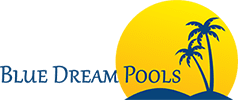 Logo featuring a yellow sunburst background with two blue palm trees on the right. The text "POOLS" appears in blue on the right side near the palm trees. The left side of the logo has a blue wave-like shape.